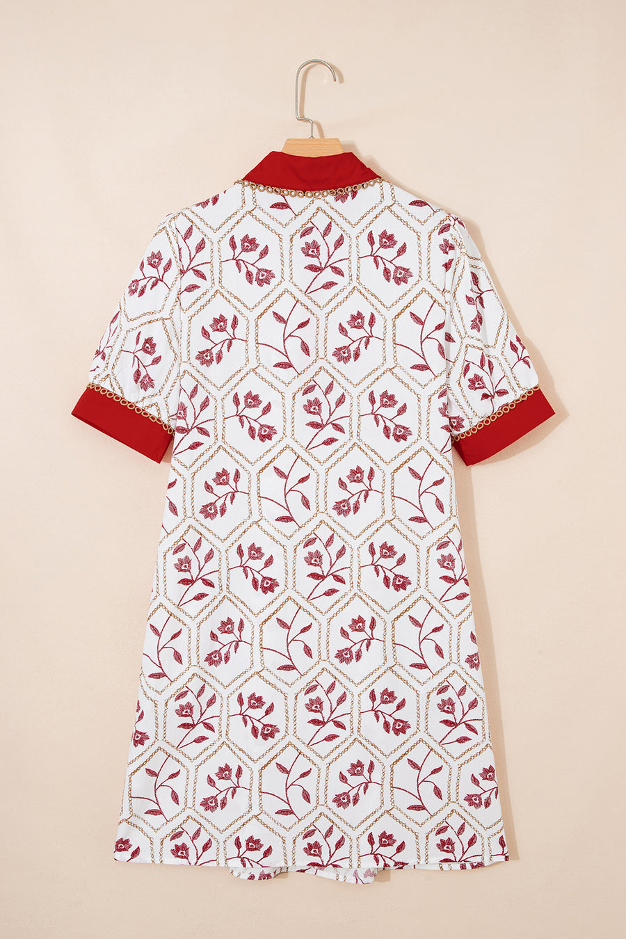 Geometric Floral Lace Trim Collared Mini Dress Short Sleeve Shift — close-up detail | Fashionfitz UK
