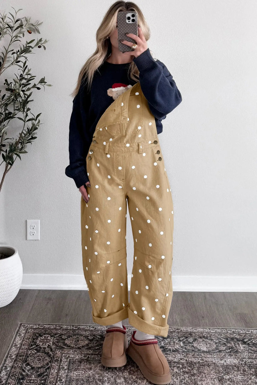 Polka dot denim barrel overalls jumpsuit back view | Fashionfitz UK
