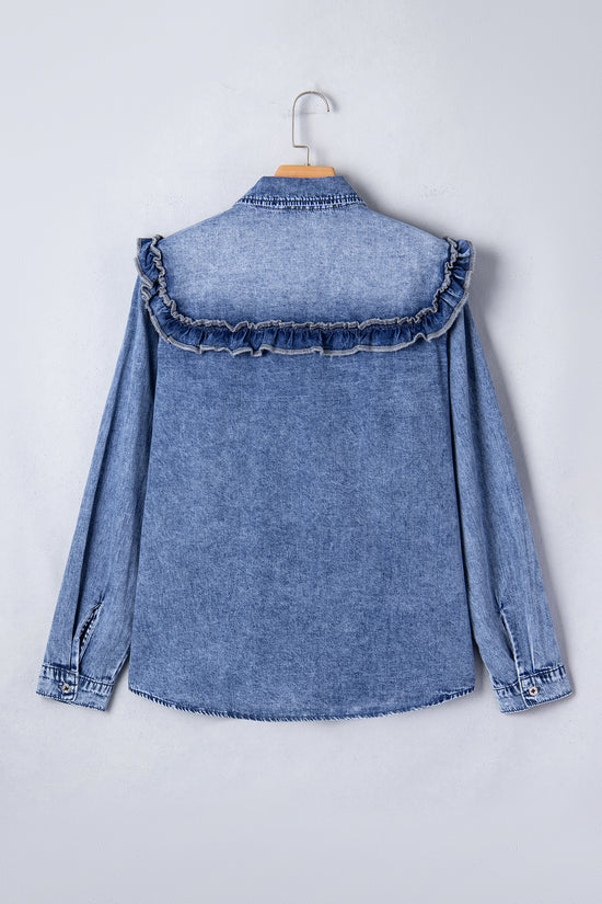 Ruffle Denim Shirt Women | Retro Blue Button Down Top