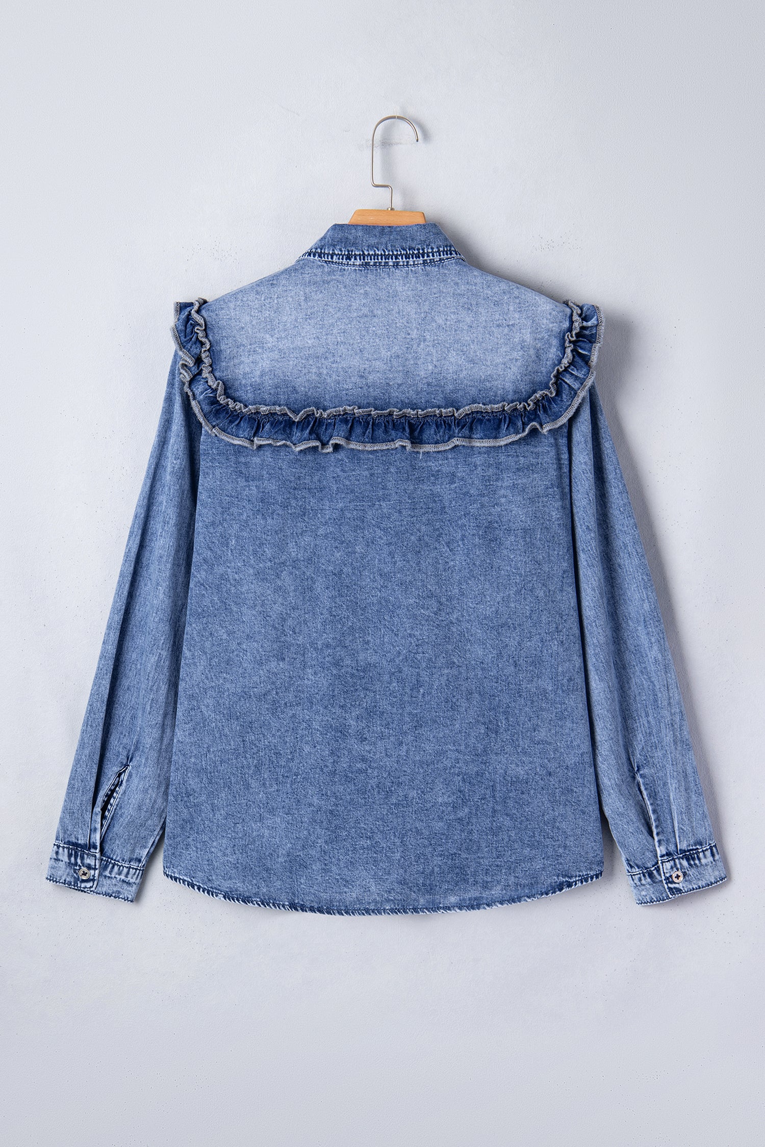 Ruffle Denim Shirt Women | Retro Blue Button Down Top