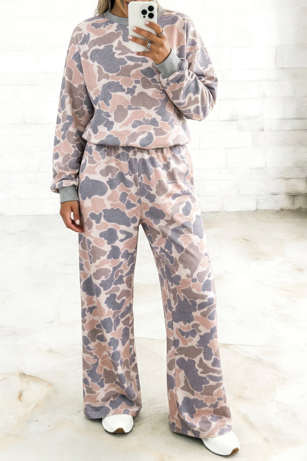 Camo Print Long Sleeve Top Wide Leg Pants Set Women UK
