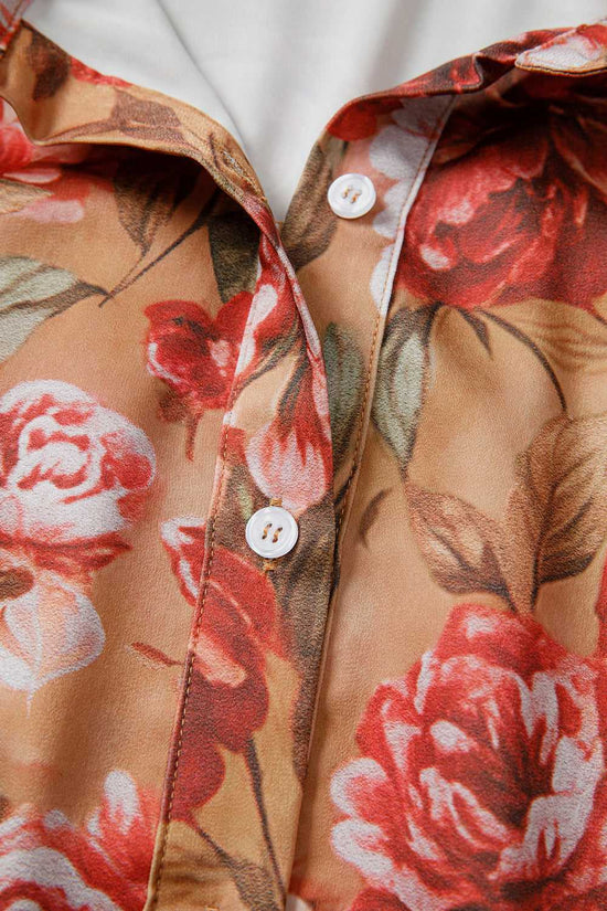 Close-up of Retro Floral Ruffle Mini Dress button placket, highlighting soft fabric and detailed floral print in warm tones.