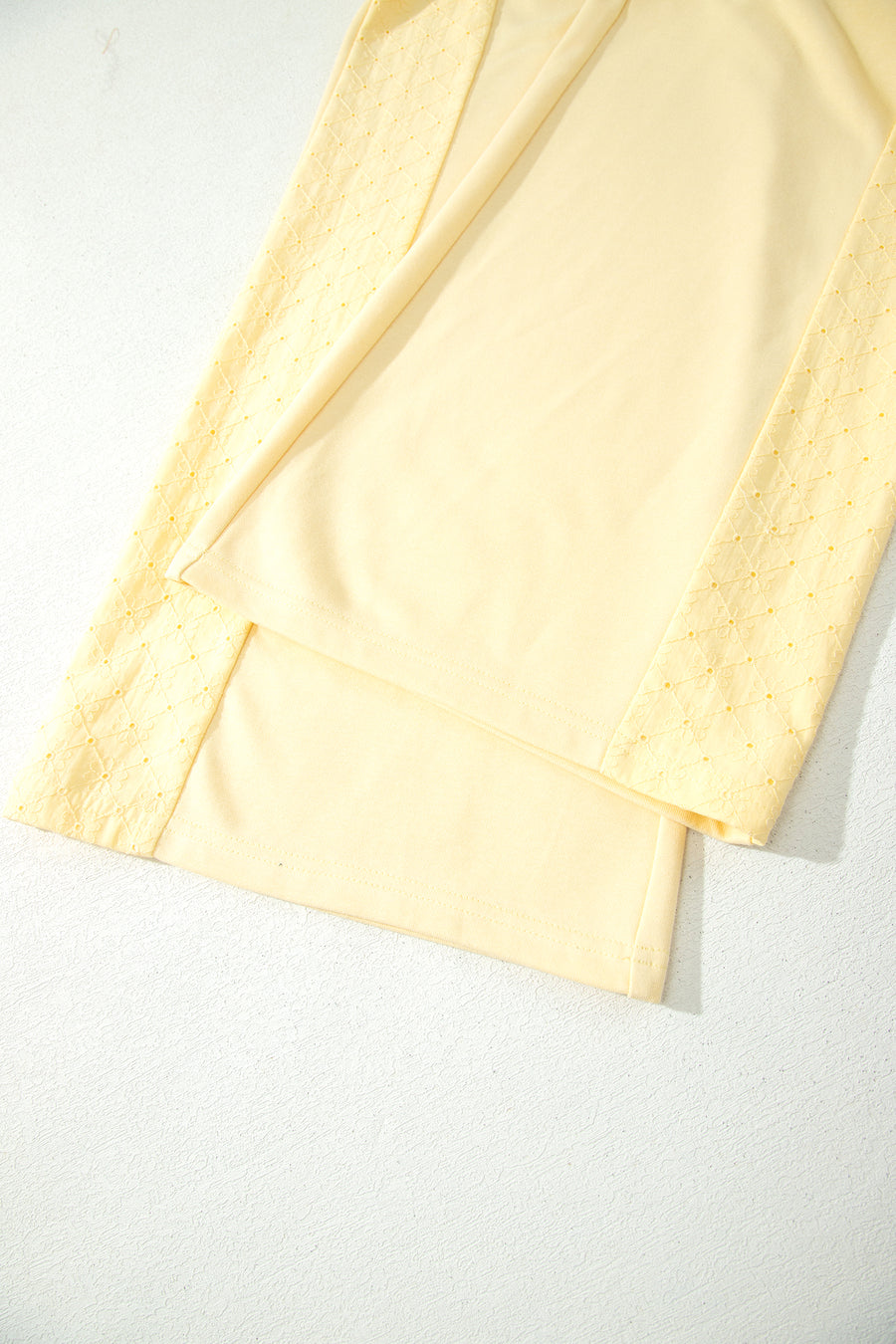 Butter yellow eyelet lace set styled with tan sandals — Fashionfitz UK