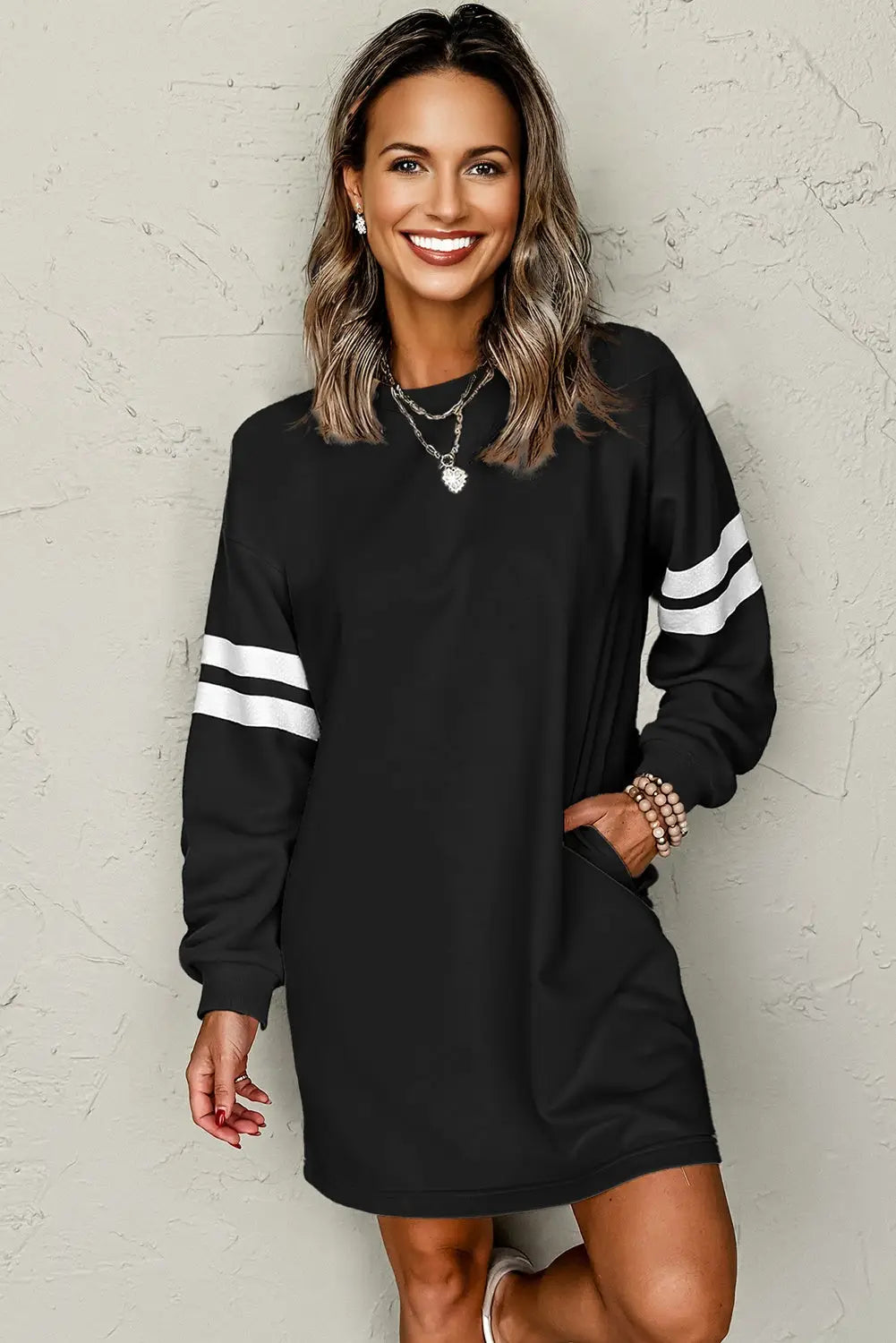 Black varsity contrast banded sleeve sweatshirt dress