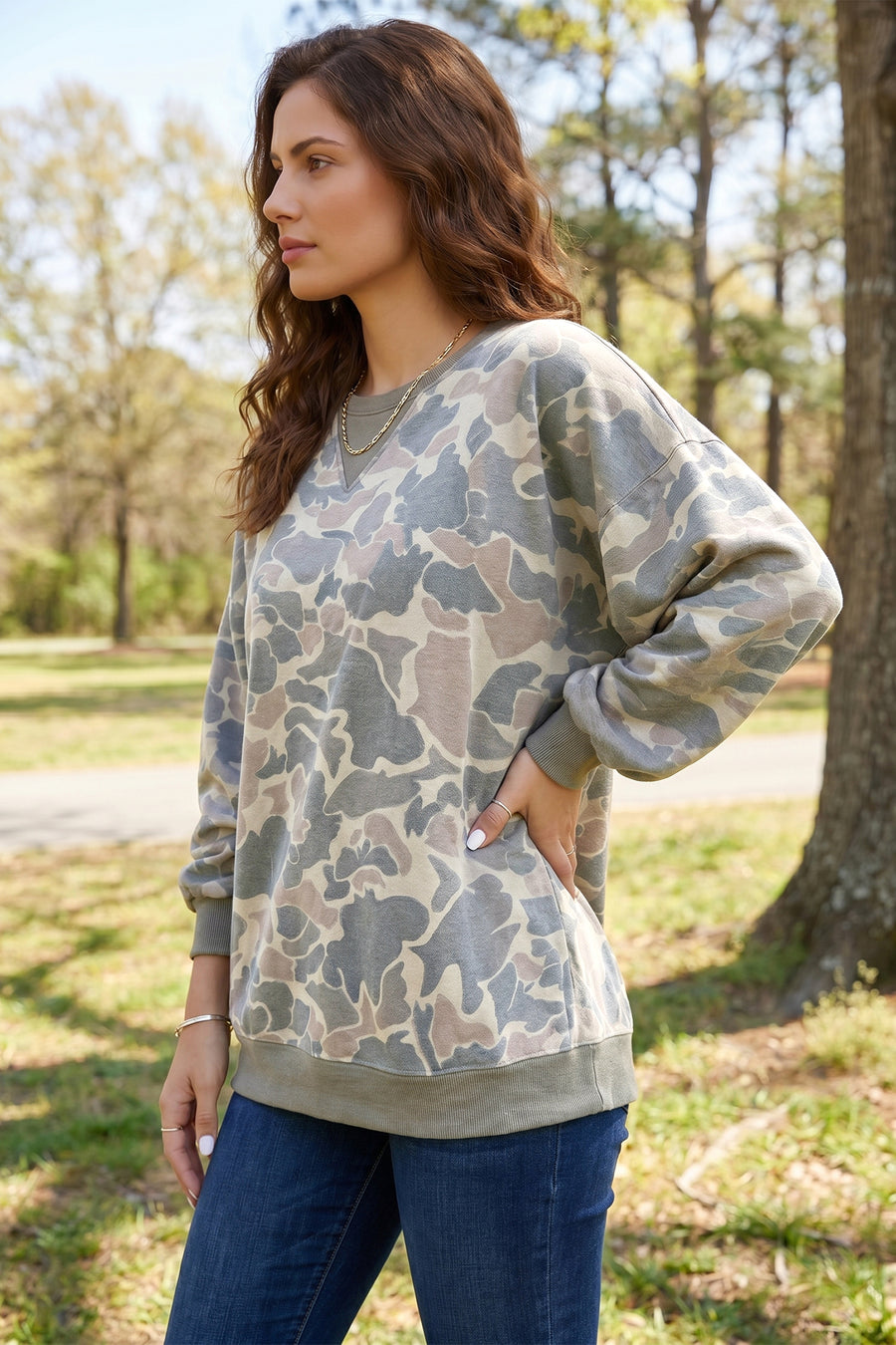 Camo Print Ribbed Trim Pullover Sweatshirt Women UK