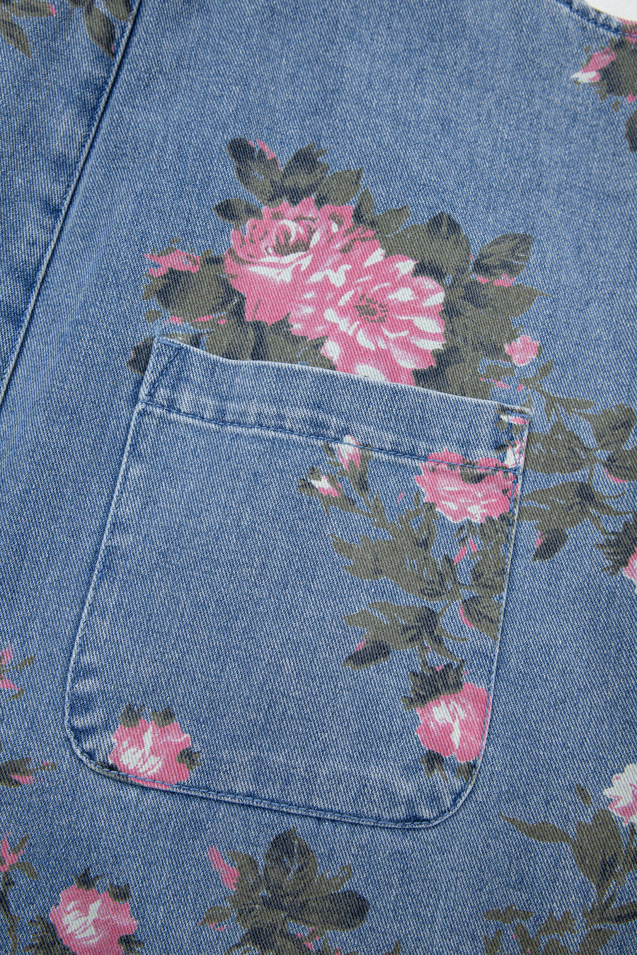 Floral Print Denim Shortalls Adjustable Straps Pockets Relaxed Fit