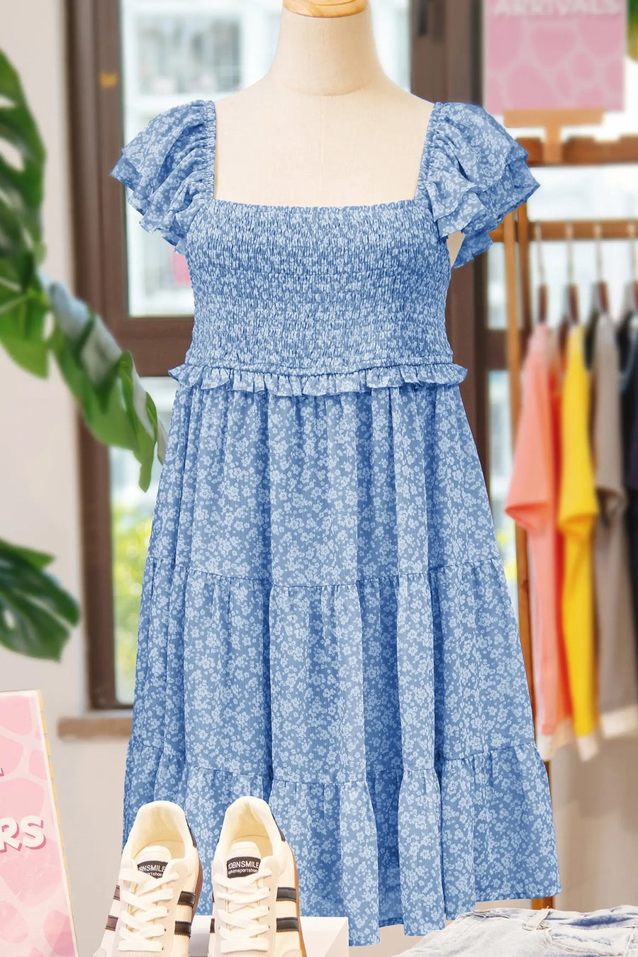 Sky Blue Floral Square Neck Smocked Tiered Mini Dress Women UK — side detail