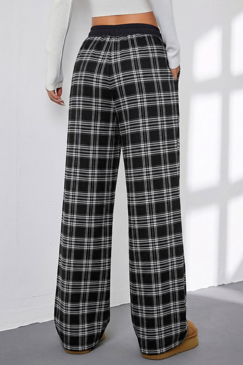 Plaid Contrast Drawstring Waist Wide Leg Trousers