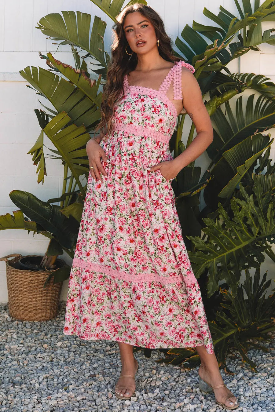Green Floral Lace Tied Strap Empire Waist Maxi Dress Women UK — side view