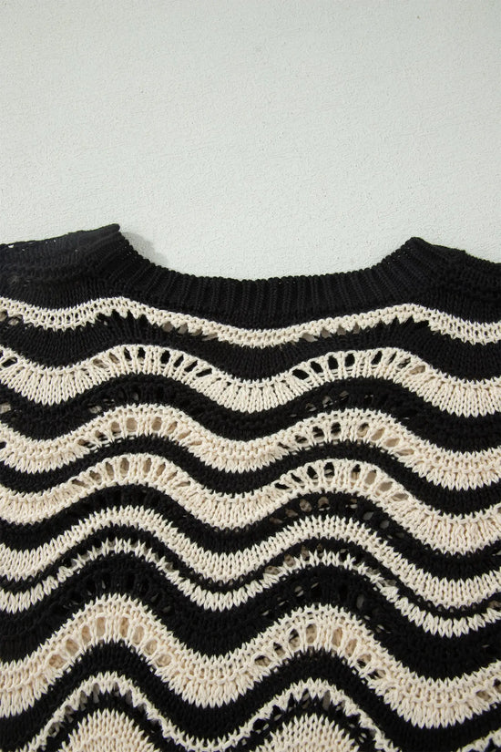 Wavy stripe crochet eyelet ruffle half sleeve knit sweater relaxed fit sweaters