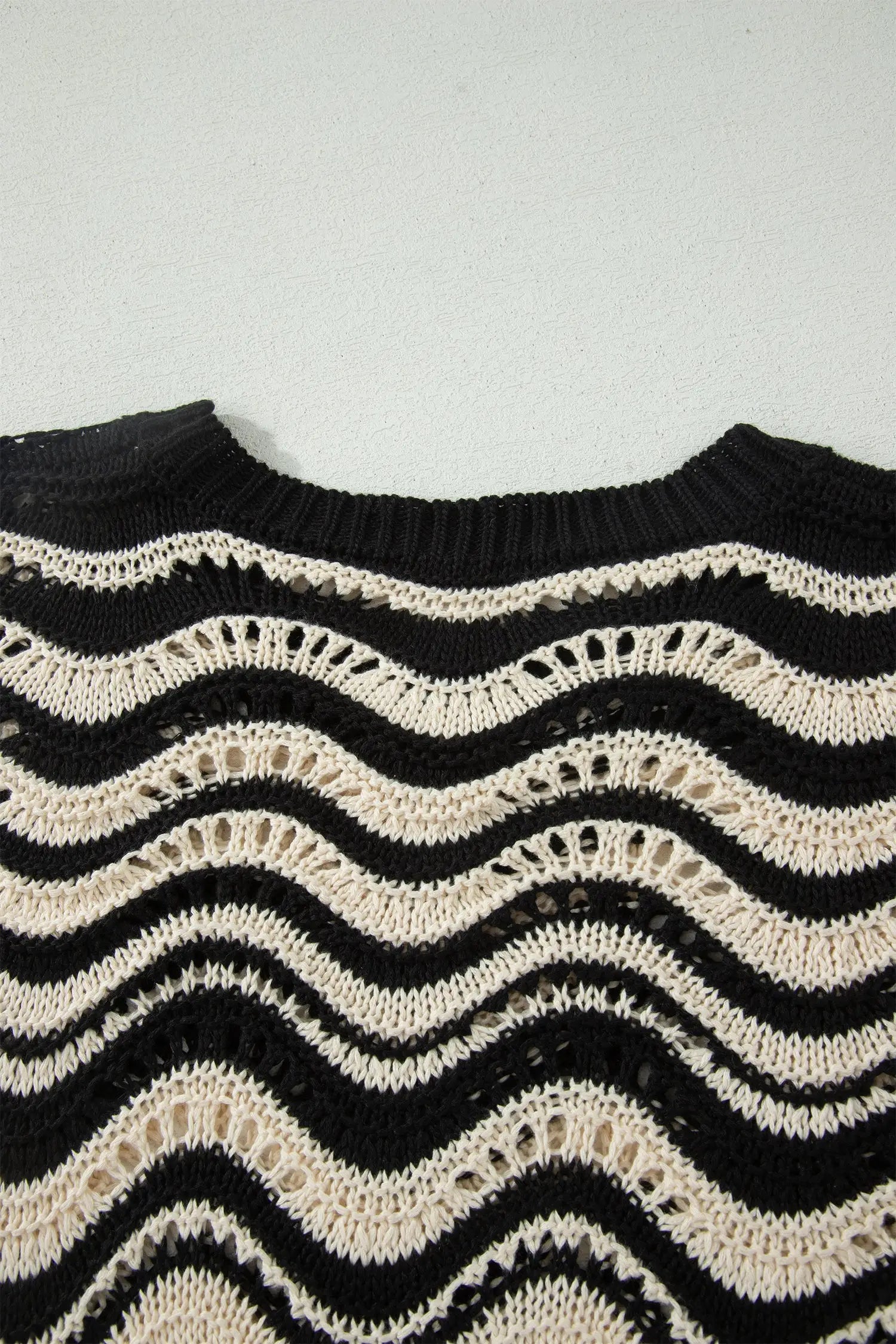 Wavy stripe crochet eyelet ruffle half sleeve knit sweater relaxed fit sweaters