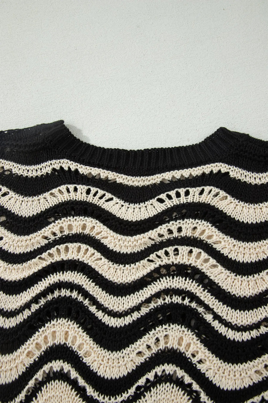 Wavy stripe crochet eyelet ruffle half sleeve knit sweater relaxed fit sweaters