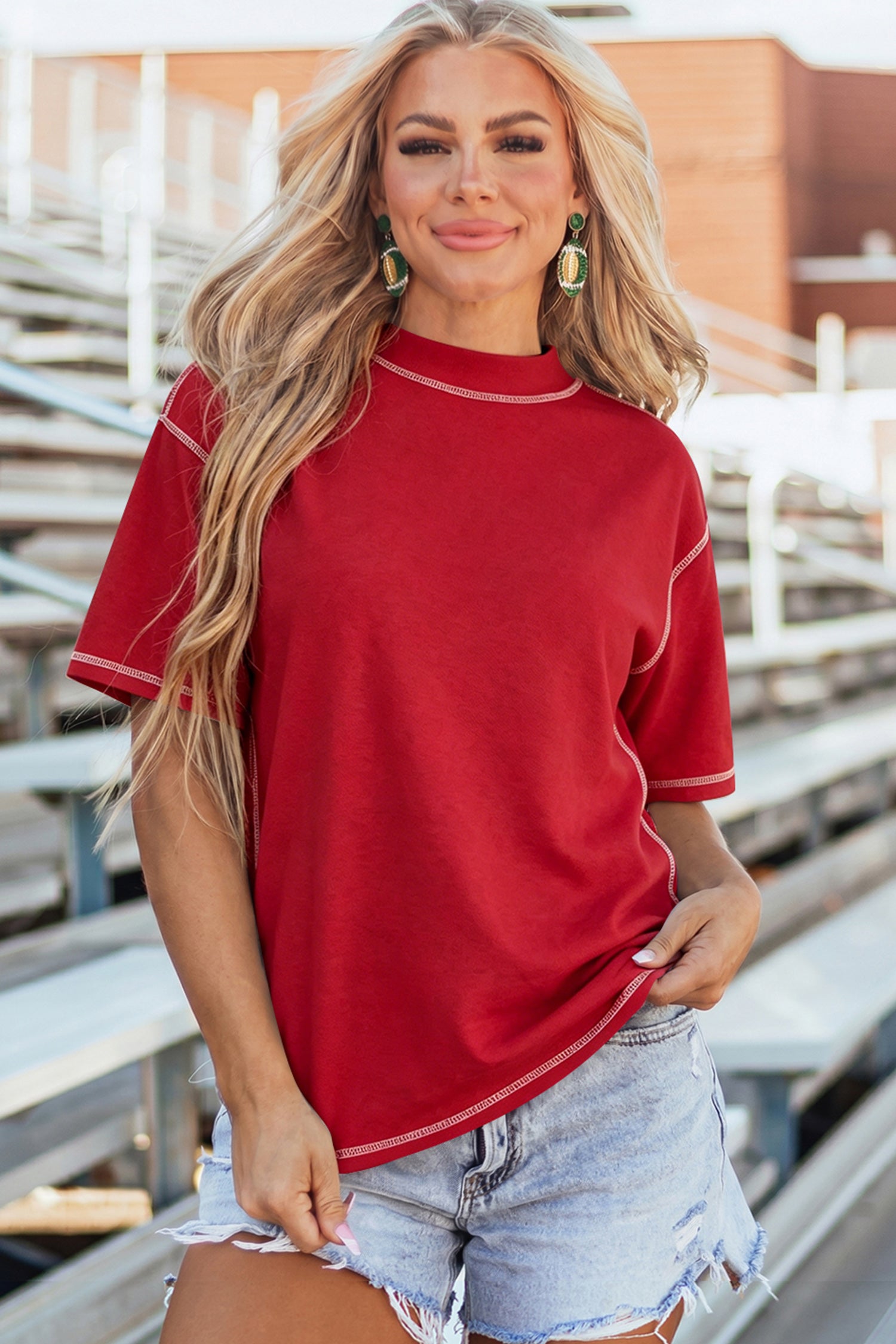Reversible Contrast Stitch Drop Shoulder High Neck Short Sleeve Tee