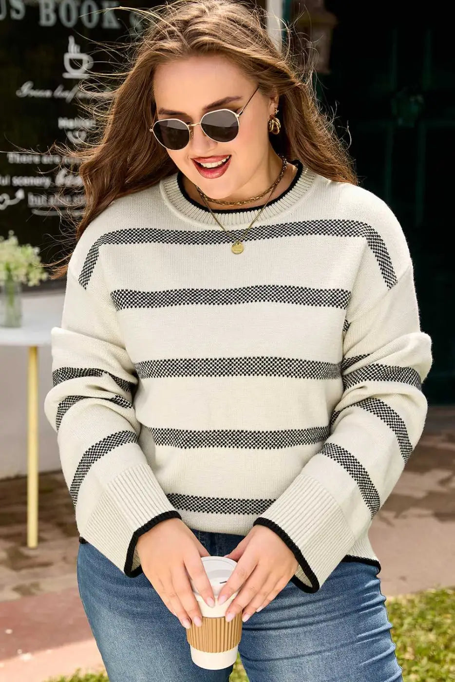 Women’s apricot striped bell sleeve jumper | fashionfitz uk