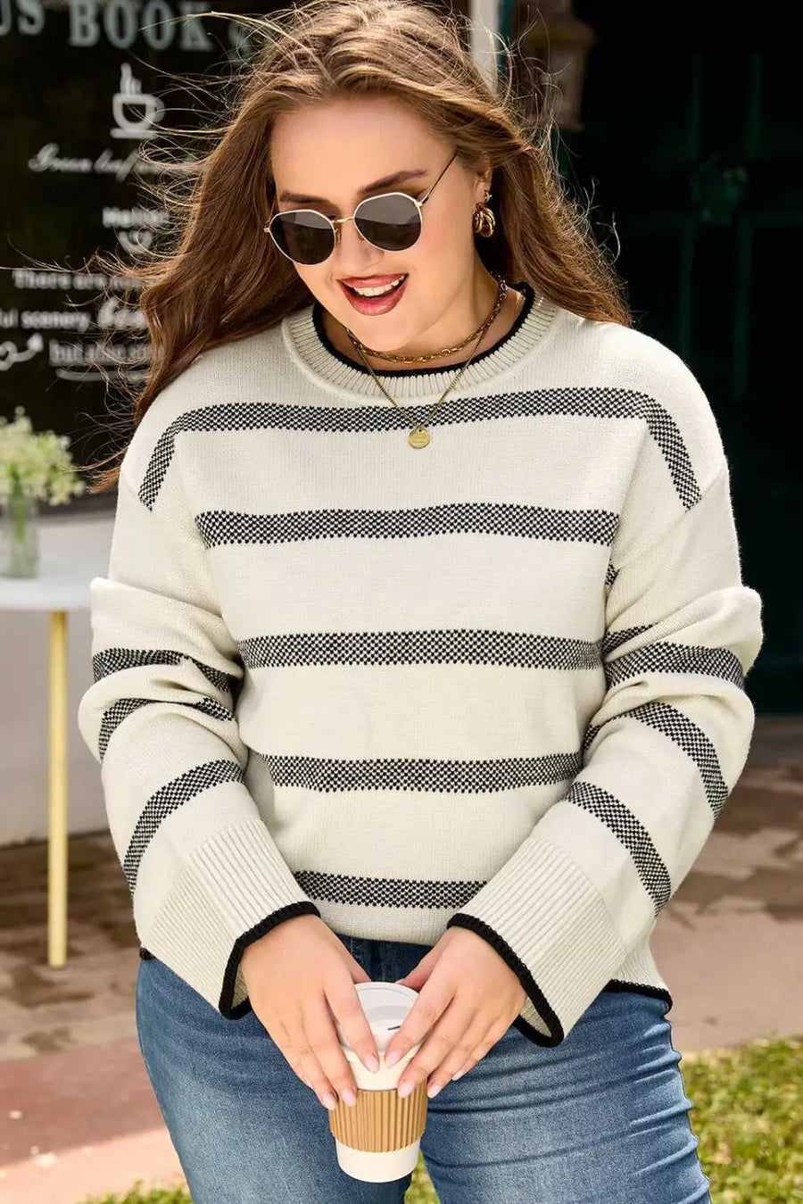 Apricot stripe bell sleeve plus size jumper close-up view — Fashionfitz UK