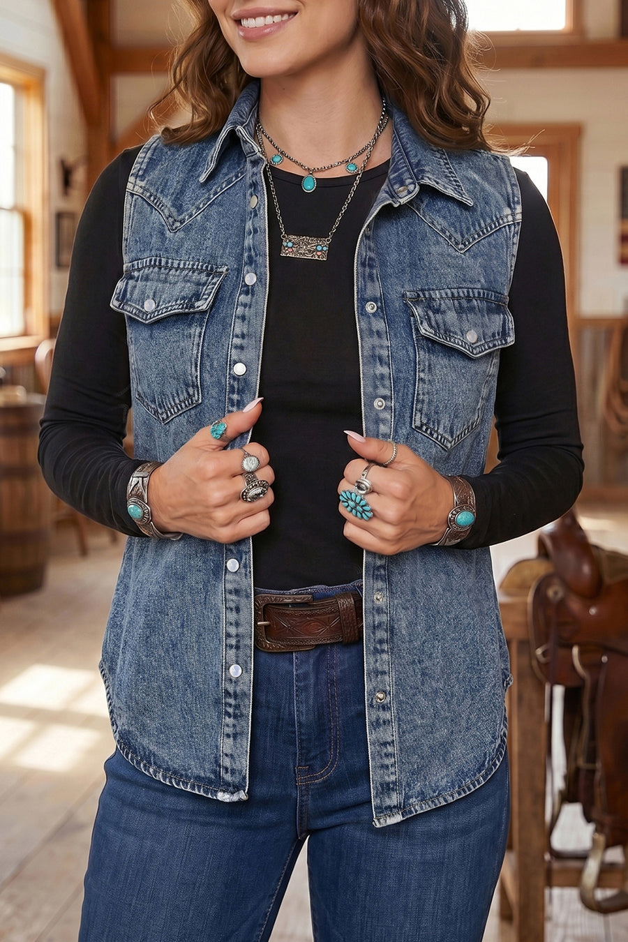 Denim Button Front Pocket Sleeveless Cowboy Vest Women UK
