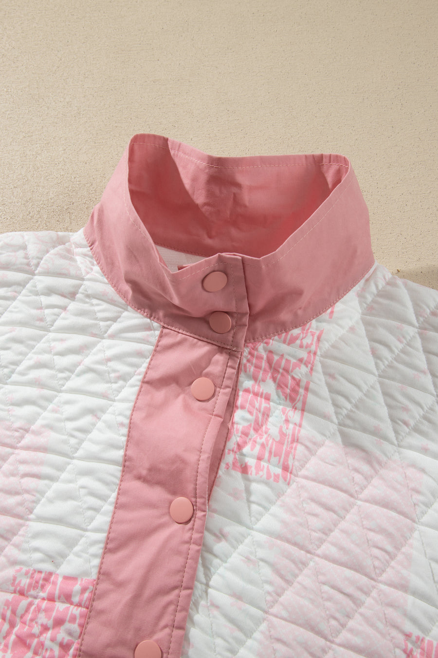 Pink Floral Quilted Half Button Pocketed Pullover Sweatshirt