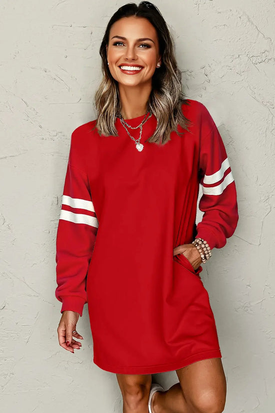 Black varsity contrast banded sleeve sweatshirt dress