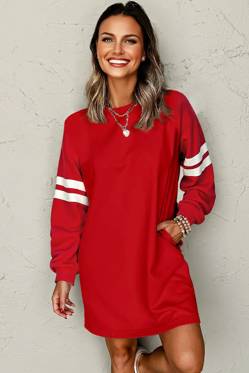 Black varsity contrast banded sleeve sweatshirt dress