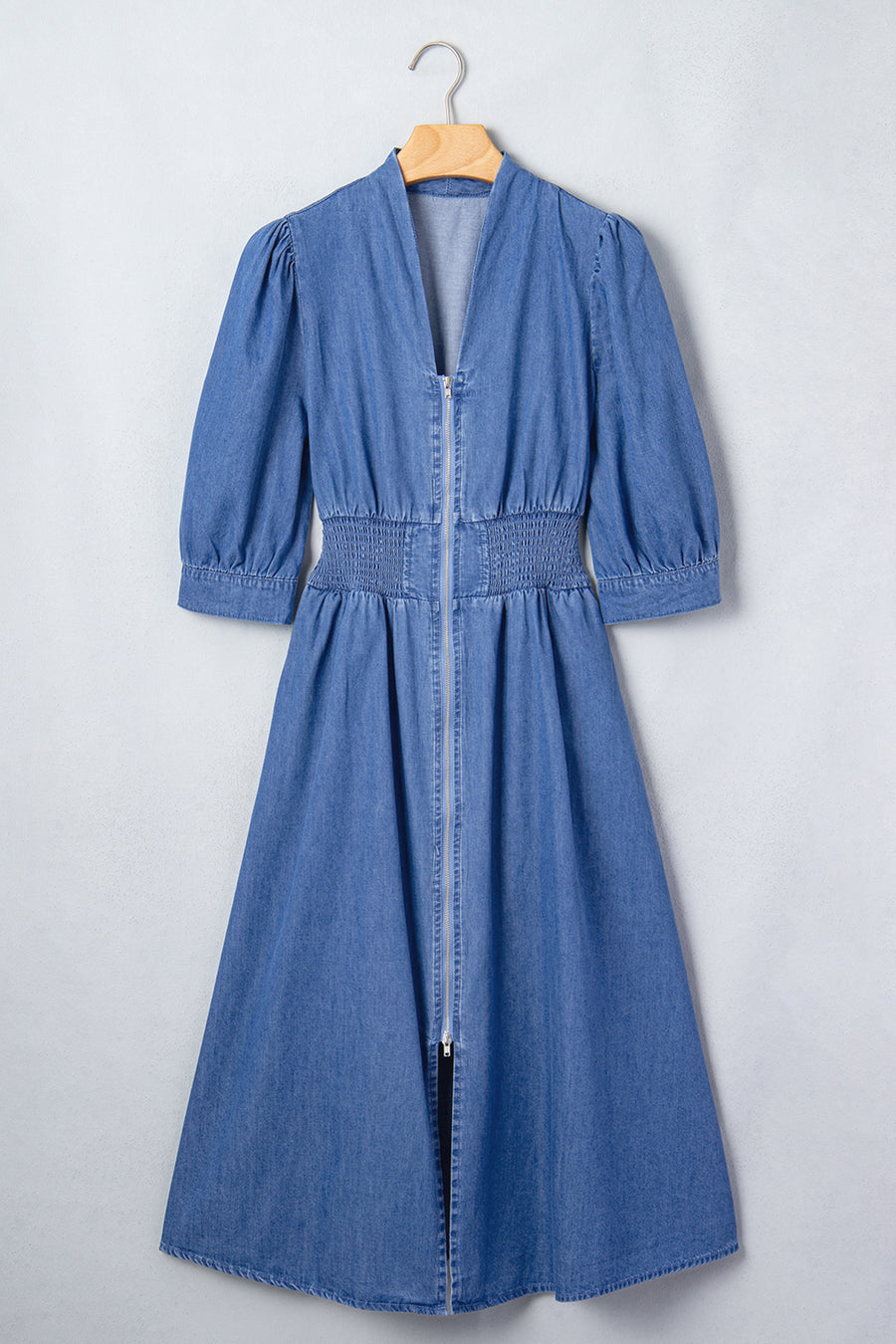 V Neck Shirred Waist Metal Zipper Denim Midi Dress Women UK