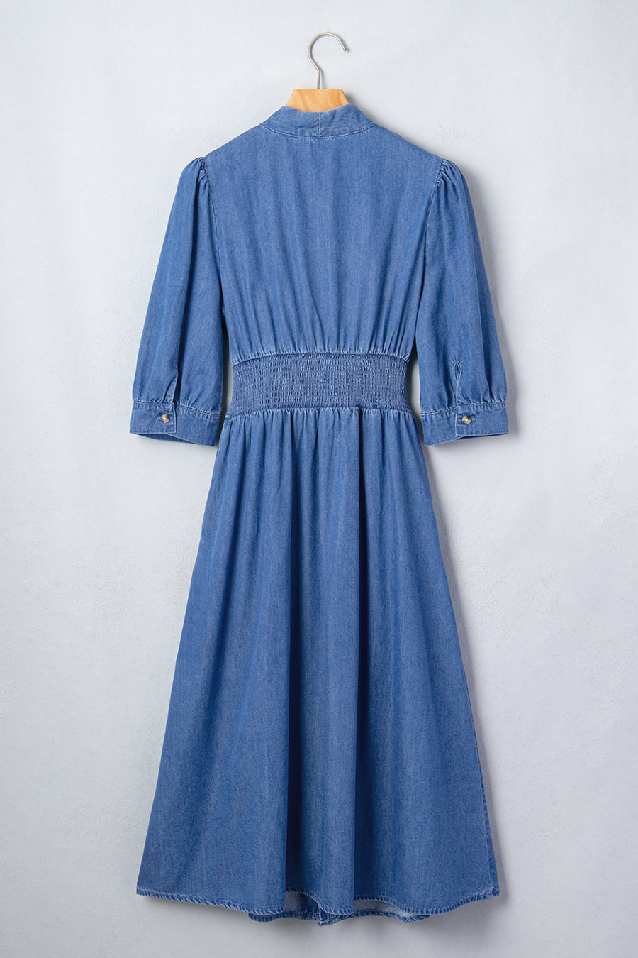 V Neck Shirred Waist Metal Zipper Denim Midi Dress Women UK