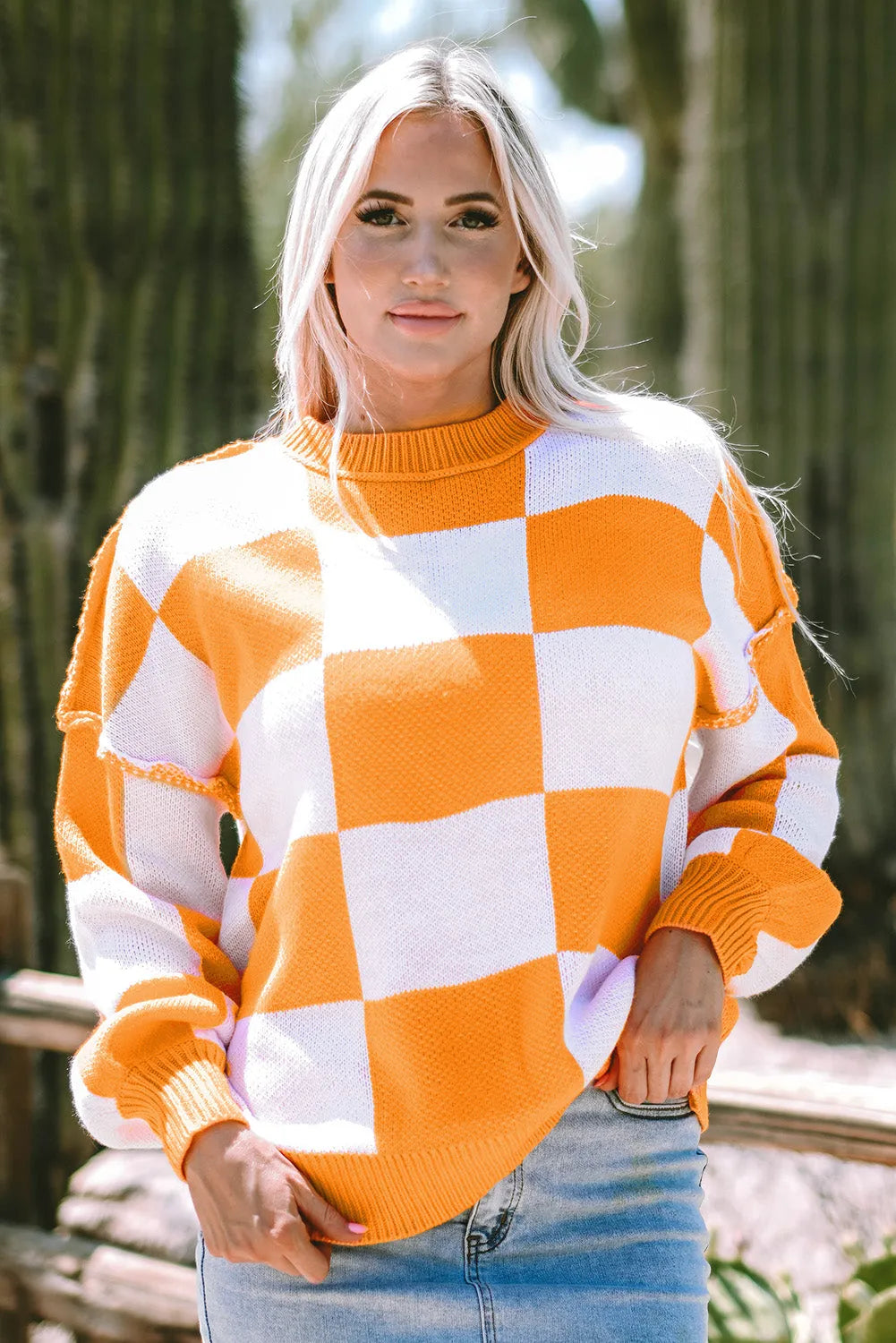Pink Checkered Bishop Sleeve Sweater - Fashionfitz