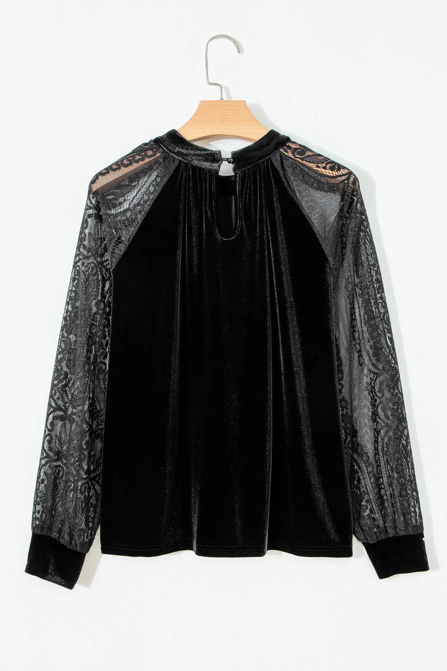 Sheer Lace Velvet Patchwork Stand Neck Blouse Women UK