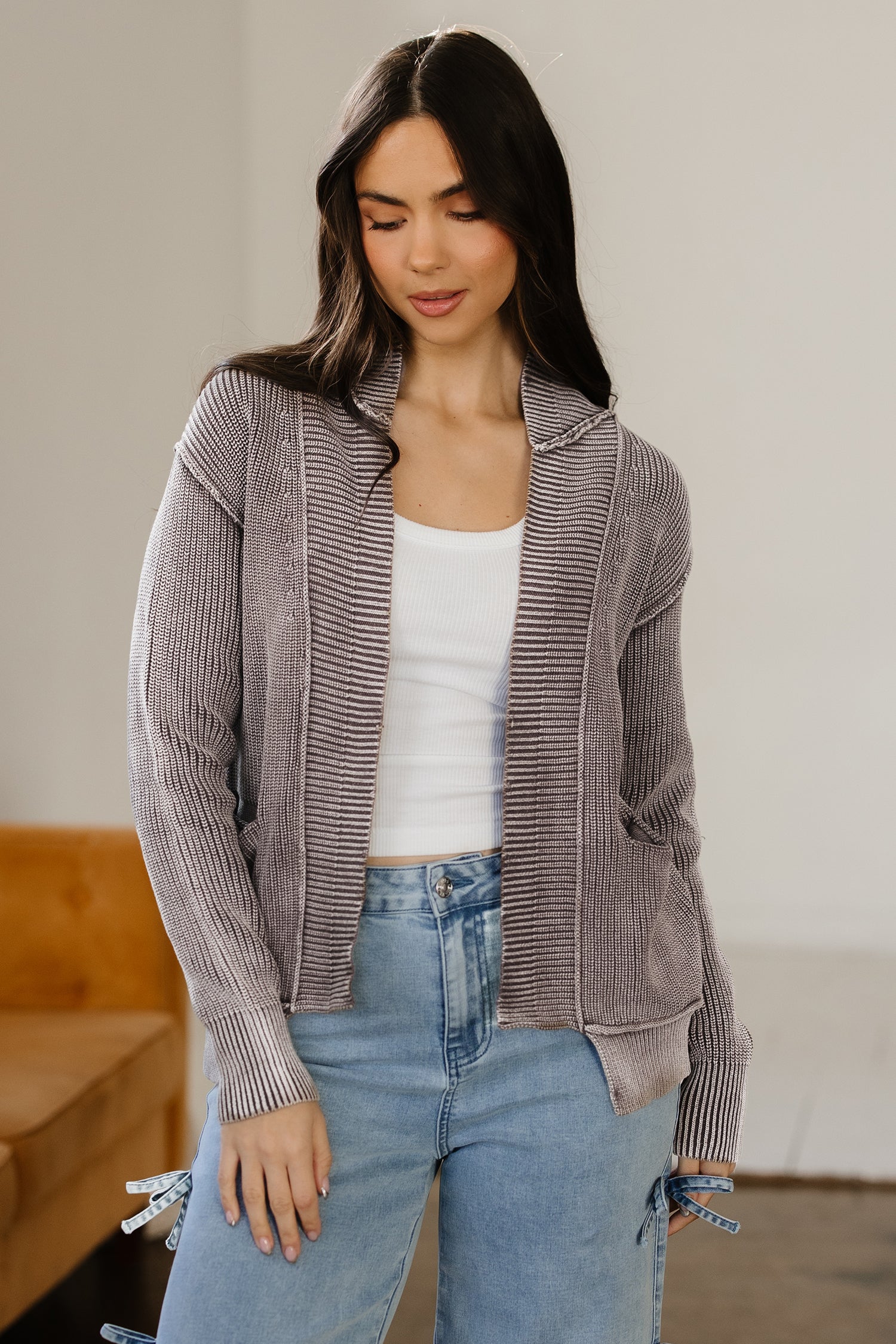 Stonewash Patchwork Knit Open Cardigan