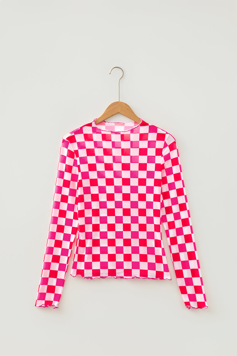 Plaid Heart Mesh Sheer Long Sleeve High Neck Blouse