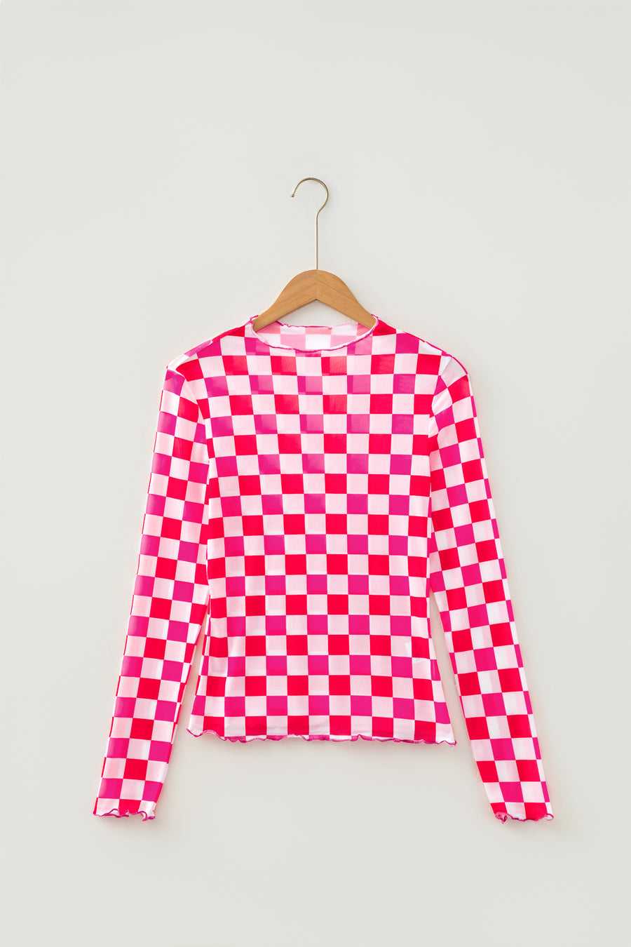 Plaid Heart Mesh Sheer Long Sleeve High Neck Blouse