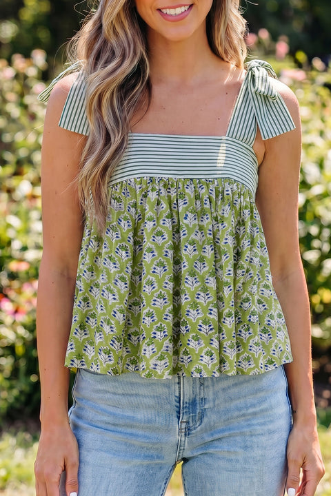 Printed knot strap babydoll tank top front view — Fashionfitz UK