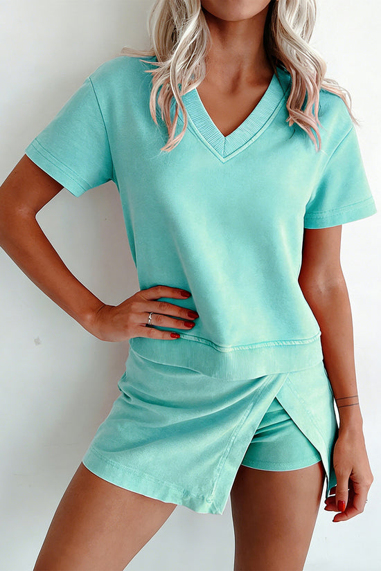 Mineral Wash V-Neck Tee Skort Set Two Piece Co-Ord High Waist Split Mini