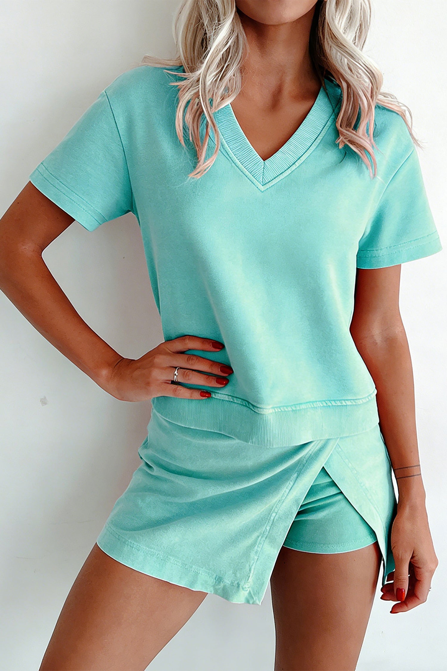 Mineral Wash V-Neck Tee Skort Set Two Piece Co-Ord High Waist Split Mini