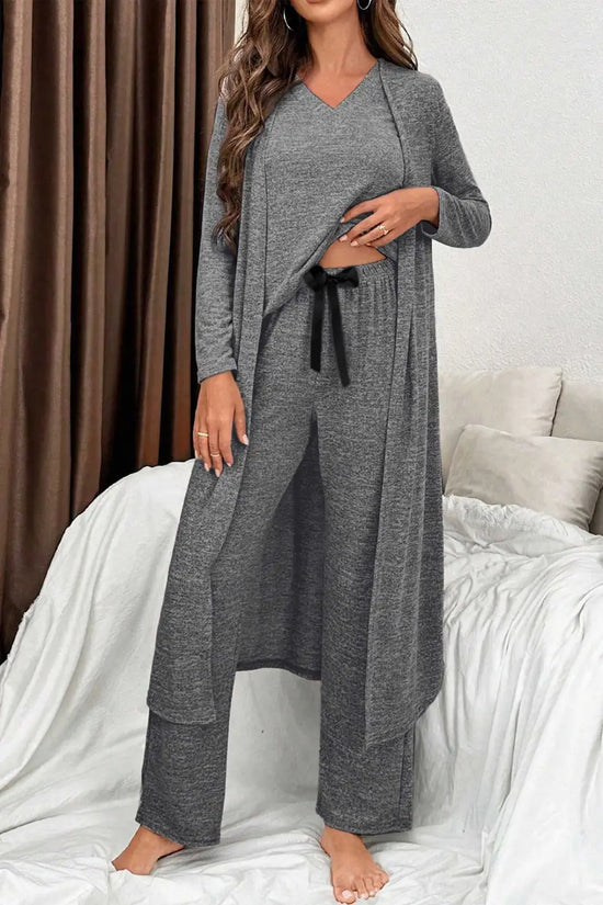 Charcoal version of Heather Mauve Duster Lounge Trio – 3‑Piece Loungewear Set with black ribbon tie, offering a chic and comfy homewear option.