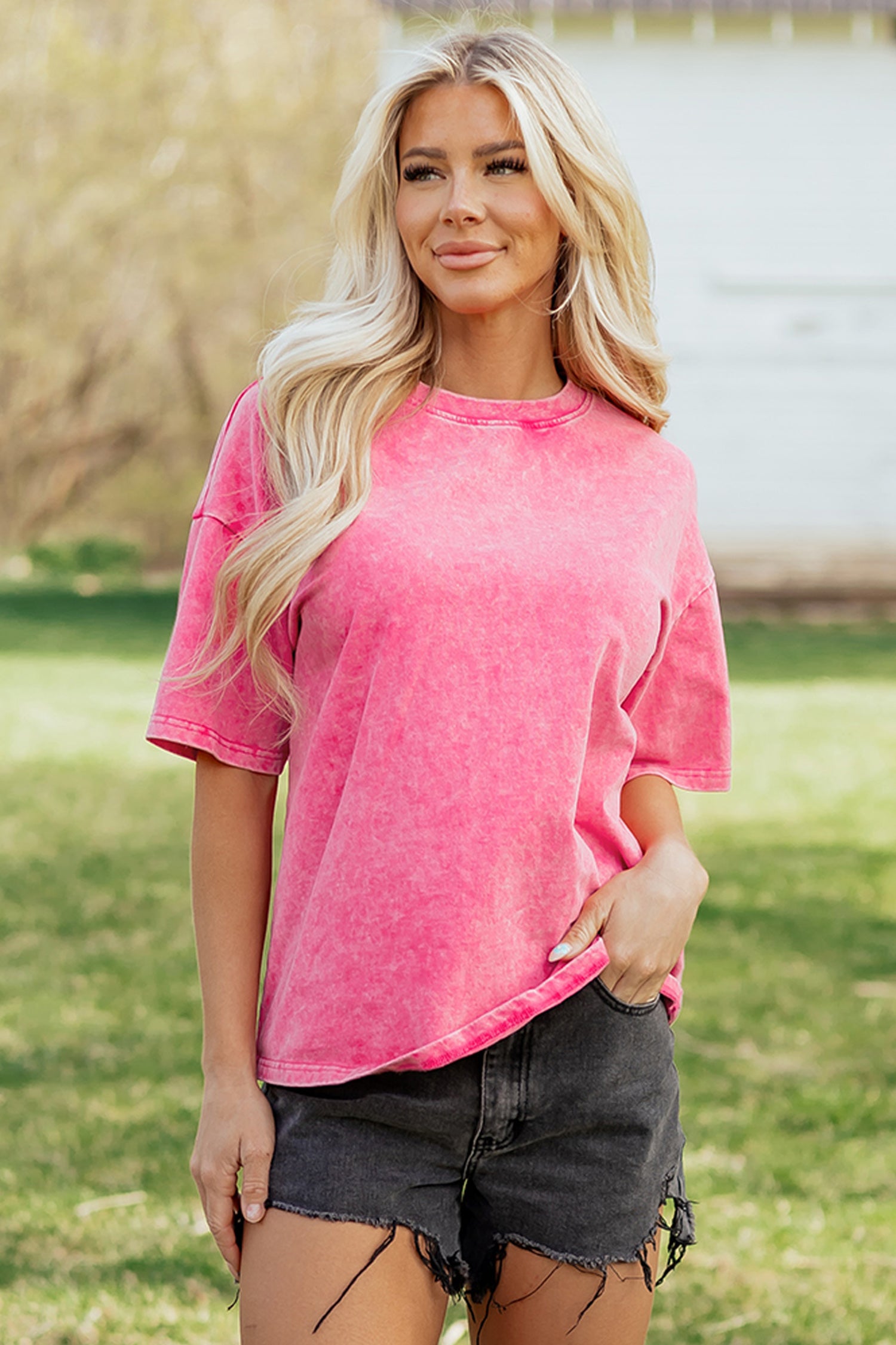 Mineral Washed Oversized Cotton Tee Drop Shoulder Round Neck Tunic Length