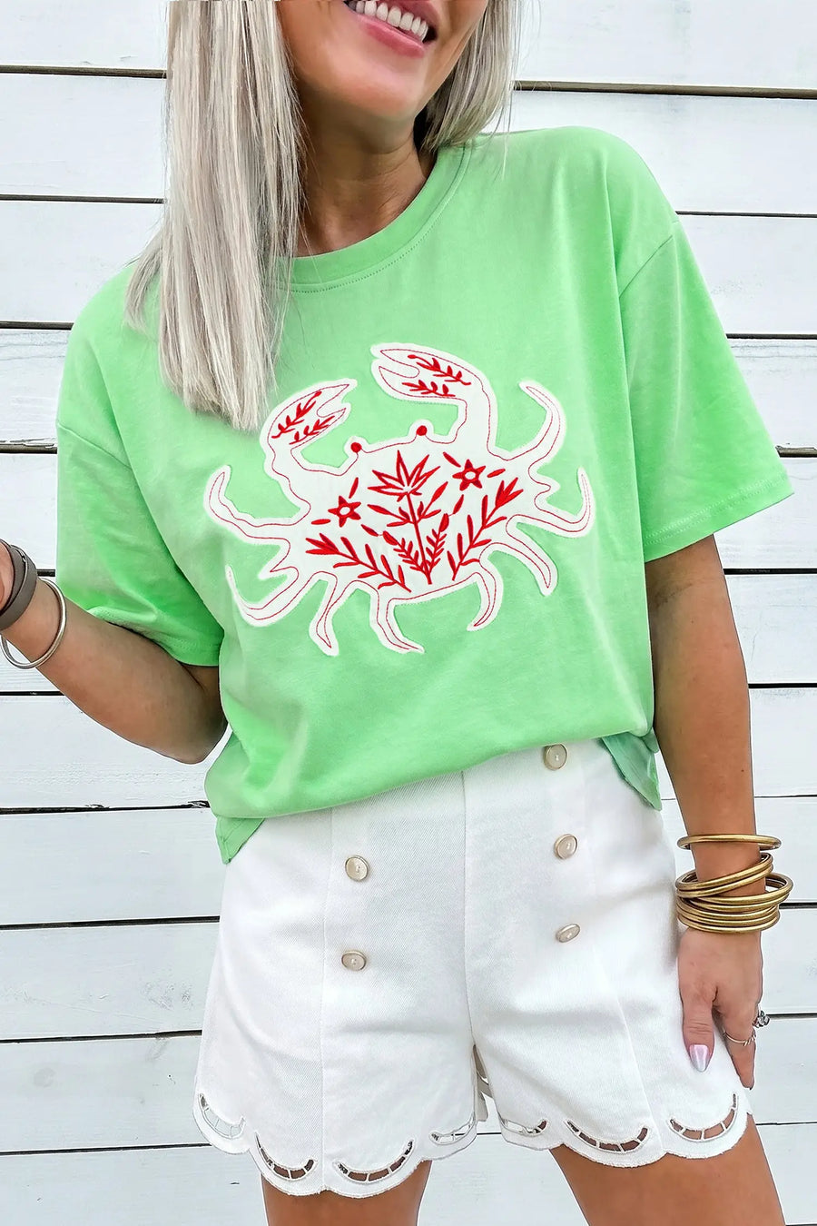 Bright Green Crab Embroidered Patch Loose Round Neck Tee — styled outfit look | Fashionfitz UK
