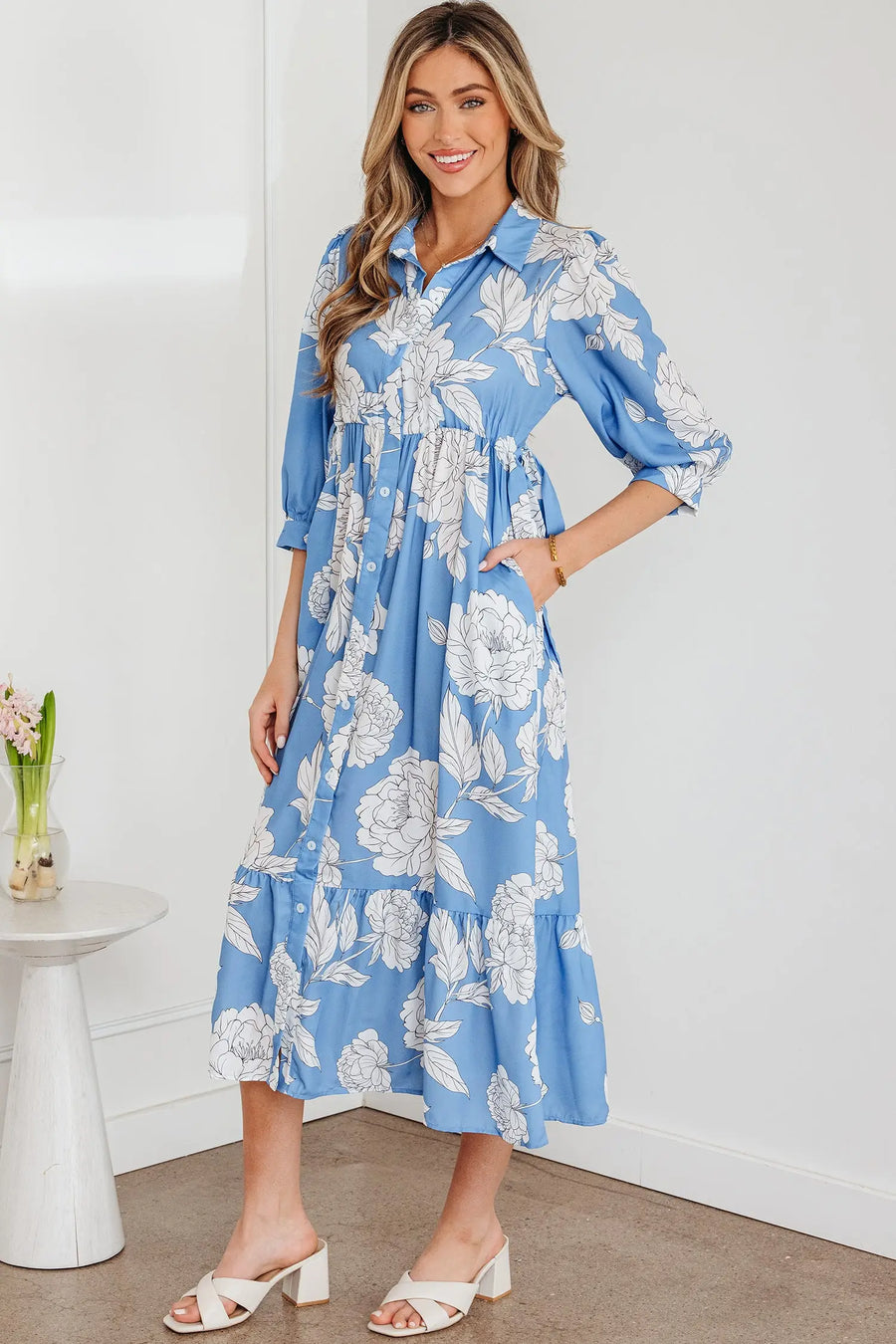 Sky Blue Floral Shirt Collar 3/4 Sleeve Long Dress Women UK