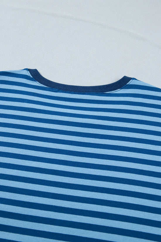 Blue stripe plus size dropped shoulder tee & shorts two-piece set outfit sets