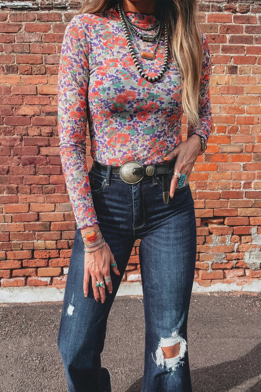Western Print Mesh Mock Neck Slim Top Long Sleeve High Stretch