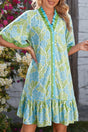 Sky Blue Botanical Floral Frilled Trim Button Front Dress Women UK