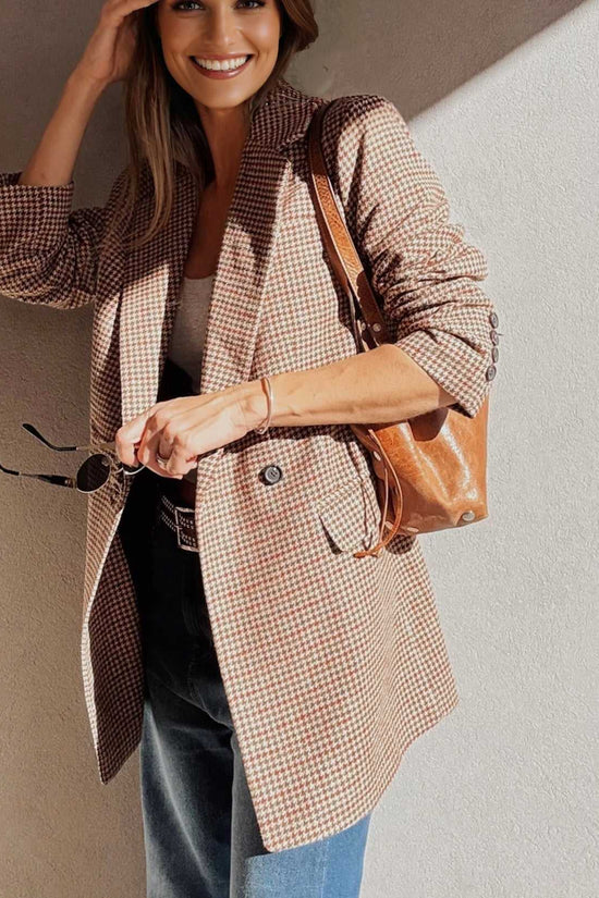 Ladies Brown Houndstooth Fitted Blazer worn open over a white tank top and jeans, perfect for casual autumn outings.
