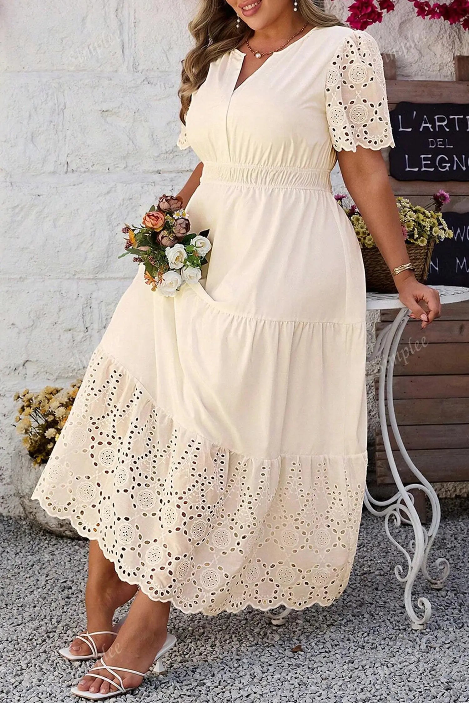 Apricot plus size v neck lacy embroidery patchwork short sleeve maxi dress