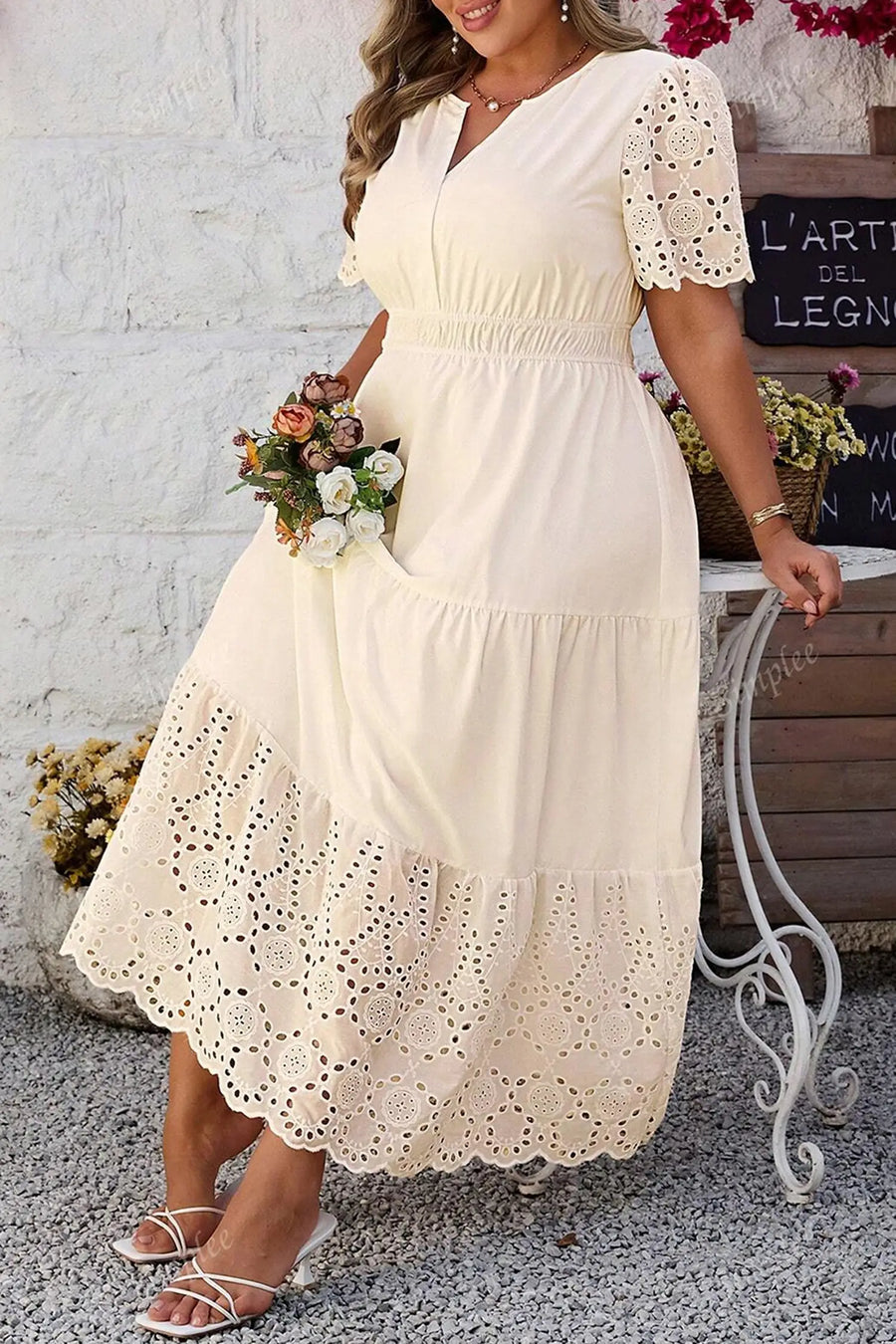 Apricot plus size v neck lacy embroidery patchwork short sleeve maxi dress