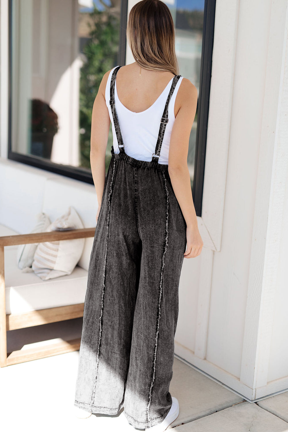 Frayed Denim Wide Leg Overalls