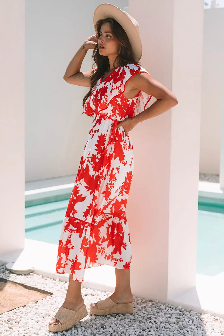 Red Floral Trimmed V Neck Ruffle Sleeve Maxi Dress Women UK