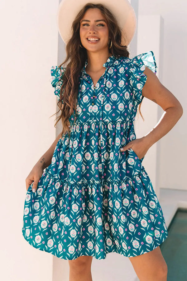 Blue Retro Floral Split Neck Ruffle Short Sleeve Dress Women UK