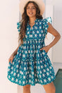 Blue Retro Floral Split Neck Ruffle Short Sleeve Dress Women UK