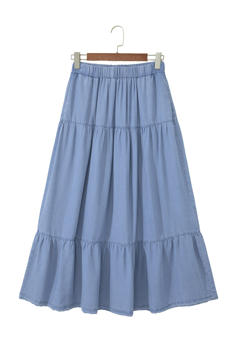 Elastic Waist Ruffled Tiered Maxi Skirt Lyocell Side Pockets Beau Blue