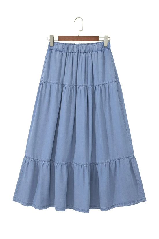 Elastic waist ruffled tiered maxi skirt lyocell side pockets beau blue skirts