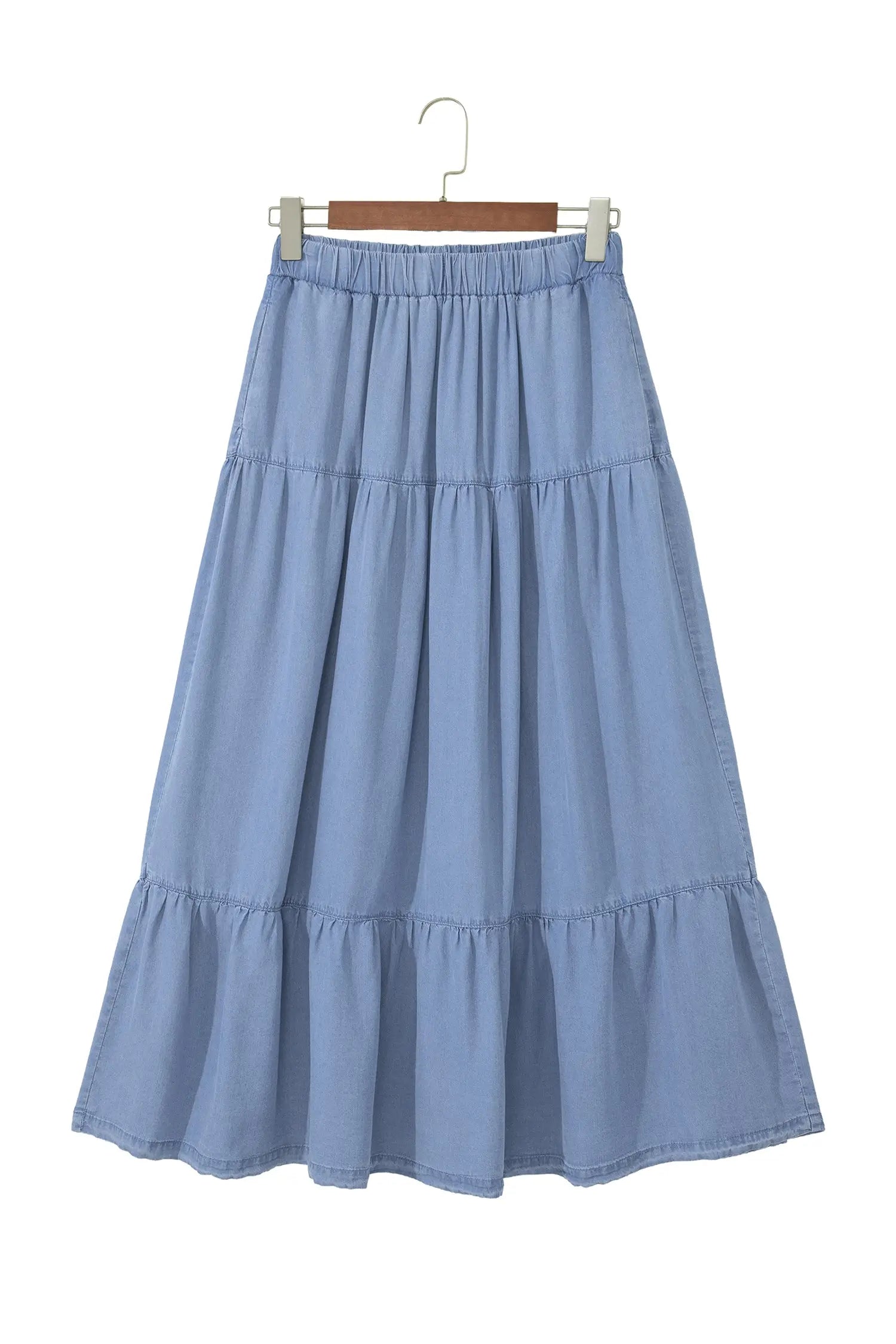 Elastic waist ruffled tiered maxi skirt lyocell side pockets beau blue skirts